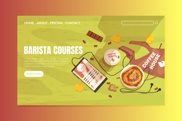 Barista Courses Landing Page Template, Online Education, Master Class Website Banner, Homepage Vector Illustration