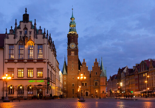 Wroclaw, Poland - March 13, 2020: Town Hall in the Market square at night. Wroclaw. Poland