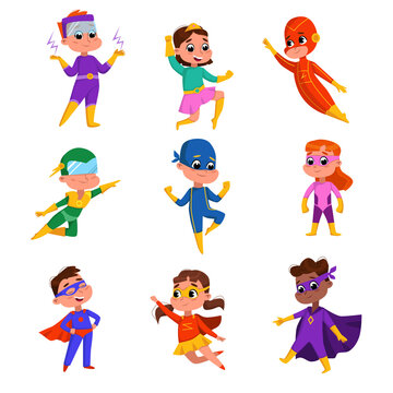 Cute Boys and Girls in Wearing Colorful Superhero Costumes and Masks Set, Adorable Kids Posing in Superhero Poses Cartoon Style Vector Illustration
