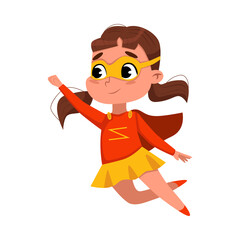 Cute Girl Playing Superhero Wearing Colorful Costume and Mask, Adorable Kid in Superhero Pose Cartoon Style Vector Illustration