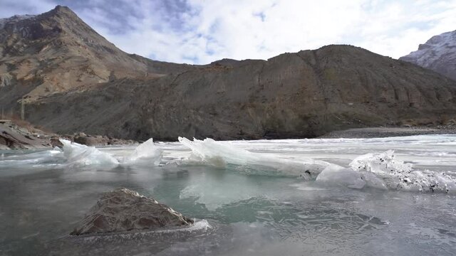 Frozen river In lakh India. Chadar river frozen in Himalayas.
