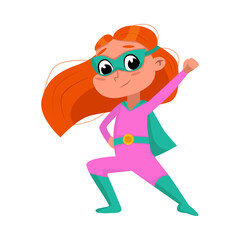 Cute Red Haired Girl in Superhero Comics Costume, Adorable Kid Superhero Character Standing with her Hand Outstretched Cartoon Style Vector Illustration