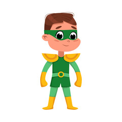 Cute Boy in Green Superhero Costume, Adorable Kid Character Standing in Superhero Pose Cartoon Style Vector Illustration
