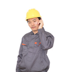 Migrant worker wearing yellow helmet is calling