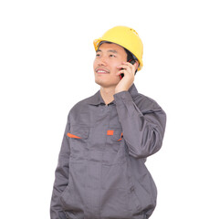 Migrant worker wearing yellow helmet is calling