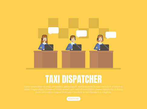Taxi Dispatcher Landing Page Template, Mobile City Public Transportation Service Vector Illustration