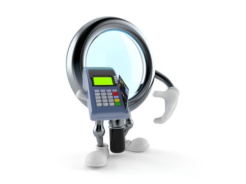 Magnifying glass character holding credit card reader