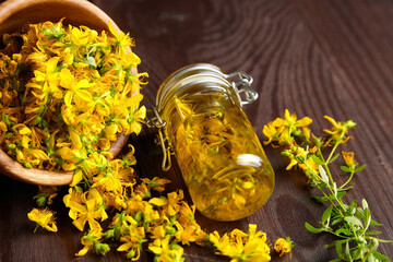 Herbal infusion of Hypericum perforatum or St johns wort flowers