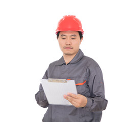 Migrant workers viewing relevant information in front of a white background