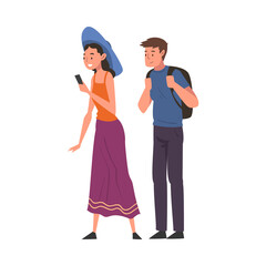 Young Man and Woman Tourists Calling Taxi Car or Using Mobile Taxi Call Application Vector Illustration