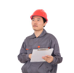 Migrant workers viewing relevant information in front of a white background
