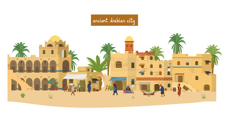 Vector Illustration Of Ancient Arabian City With People, Mud Brick Houses, Market, Palms. Flat Vector Illustration. Isolated On White.