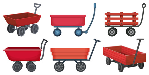 Garden wagon cartoon vector illustration on white background. Farm wheelbarrow set icon.Vector illustration set icon equipment of garden wagon. © VectorVicePhoto