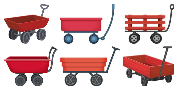 Garden wagon cartoon vector illustration on white background. Farm wheelbarrow set icon.Vector illustration set icon equipment of garden wagon.