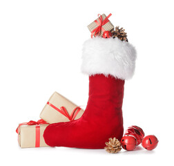 Christmas sock with gifts on white background