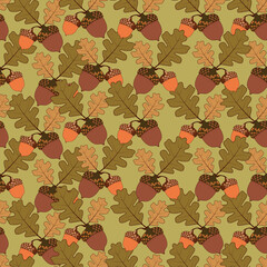 Seamless pattern with acorns and autumn oak leaves in Orange, Beige, Brown.