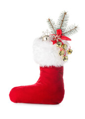 Christmas sock with gifts on white background