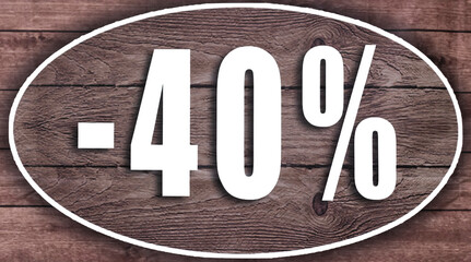 Signboard showing discount on wood texture