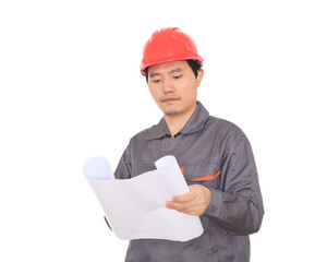 Architect at work in front of white background holding drawings in hand