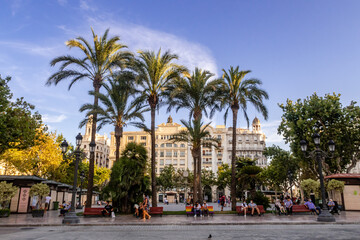 Fototapeta na wymiar Palmenam Rathausplatz in Valencia Spanien