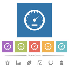 Speedometer flat white icons in square backgrounds