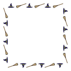 Square frame with witch hat and broom for Halloween. Vector image.