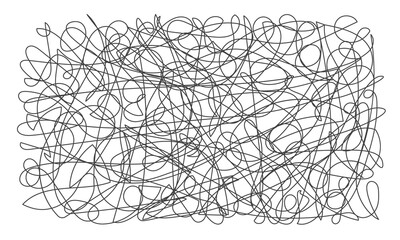 Fototapeta premium Tangled chaos abstract hand drawn messy scribble background vector illustration. Random chaotic dynamic scrawl lines. Wild emotion irregular pattern isolated on white background.