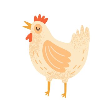 Childish cute cock in simple scandinavian style. Flat vector cartoon textured illustration of lovely rooster. Adorable hen isolated on white background