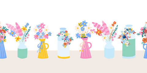 Flower vases seamless vector border. Repeating horizontal pattern vases with spring and summer flowers. Use for fabric trim, ribbons, duct tape, card decor, summer party invitations, wedding decor