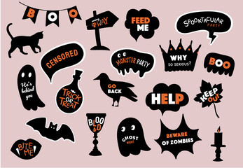 Happy Halloween. Speech bubbles set with text. Trick or treat, party, boo, wow, help, zombies, blood, bite etc. Vector illustration. Halloween design elements, logos, badges, labels, icons, objects.