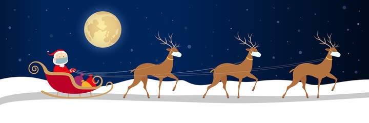 Santa Claus in face mask riding in reindeer sleigh. New Year 2021 concept. Vector illustration.