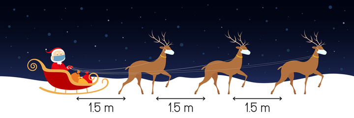 Social distancing 1,5 meters. Santa and reindeers in face masks. Vector illustration.
