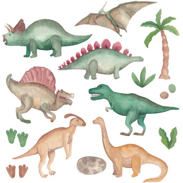 Watercolor dinosaurs set Isolated on white background Hand painted illustration Prehistoric animals clipart Perfect for logotype, decoration, packaging, invitation, other.