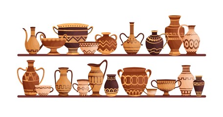 Different ancient greek ceramic dishware on shelves vector flat illustration. Clay pots, vases, amphoras, jars and bowls decorated by Hellenic ornaments isolated. Storage of archaeological artefacts © Good Studio