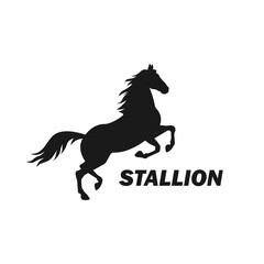 Rearing horse silhouette. Racehorse in action. Stallion pose. Running and jumping animal. Farm or ranch concept. Equestrian sport. Equine black icon sign or symbol. Racehorse vector logo illustration.