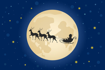 Silhouette of Santa Claus and his reindeer sleigh on full moon. Cartoon. Vector illustration.