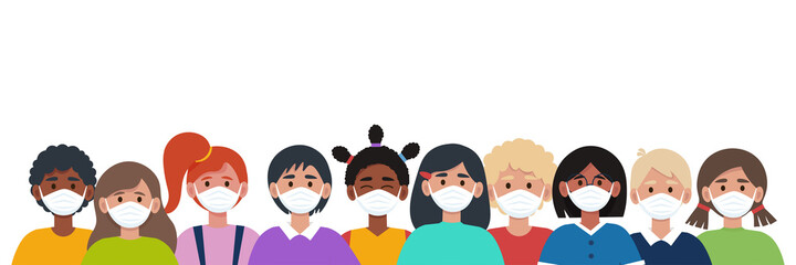 Fototapeta premium Group of children in protective masks. Protect virus concept. Vector illustration in flat style