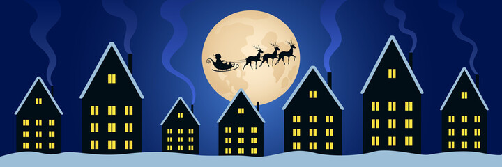 Santa Claus flying in reindeer sled above town in night. Christmas eve. Vector illustration.