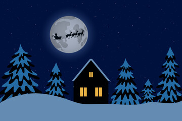 Obraz na płótnie Canvas Santa Claus flying in reindeer sled above lonely house in night. Christmas eve. Vector illustration.