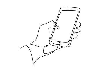 Photo sur Plexiglas Une ligne Dessin continu d& 39 une ligne des mains gestuelles et touchez l& 39 écran du smartphone. Faire des histoires en ligne ou diffuser sur les réseaux sociaux. Transaction en ligne. Concept d& 39 appareil gadget