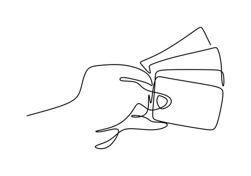 recommend clip art: Continuous line drawing with holding a card. Hand giving a credit card to pay for shopping isolated on white background. Transaction concept hand draw minimalism design. Vector illustration