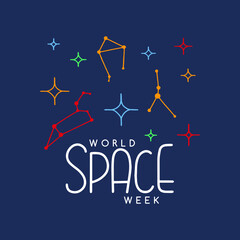 Vector illustration on the theme of World Space Week on October 4-10. Decorated with a Space icons, planets, constellations and lettering.