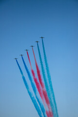 F 16 military airplanes. Turkish Stars at blue sky. Performance of the Turkish aerobatic team at the air show.