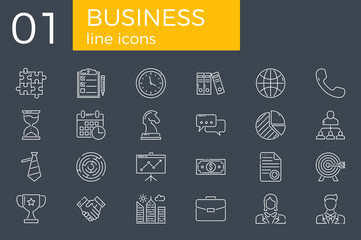 Business Related Vector Line Icons Set. Isolated on Black Background. Editable Stroke.