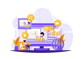 Worker using computer for collective virtual meeting and group video presentation from . Vector illustration