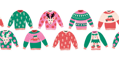 Ugly Christmas sweaters seamless vector border horizontal