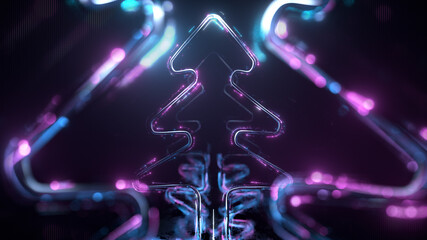 Tunnel of glowing neon christmas trees 3D render illustration