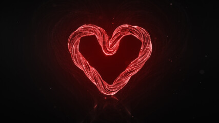 Red heart shape of glow light trails 3D render