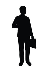 Business man with briefcase silhouette vector, person isolated in black and white.