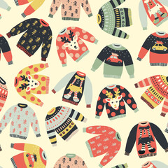 Seamless pattern Ugly Christmas sweaters. Repeating vector holiday vintage background. Knitted winter jumpers with Norwegian ornaments and decorations. For fabric, gift wrap, greeting card, gift bags